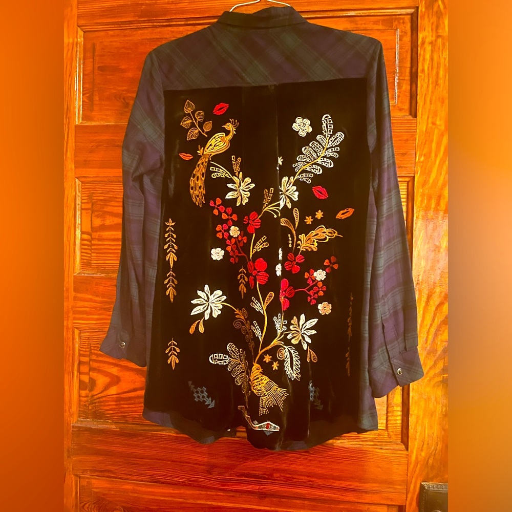 Johnny Was button down with black velvet back, beautiful design